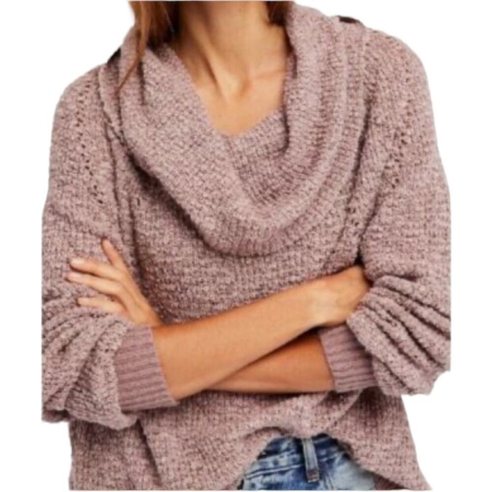 Free People By Your Side Sweater XS Mauve Pink Cowl Neck Oversized Waffle Knit - Picture 1 of 12